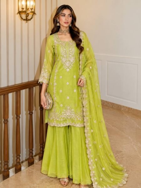 Extraordinary Parrot Green Shalsa Crash Sharara Set with Embroidery and Sequin Work Ready To Wear Suit