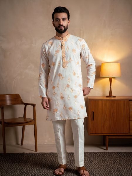 Extraordinary Peach Cotton Embroidered Kurta with Semi Cotton Chudidar Pyjama For Men 