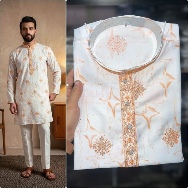 Extraordinary Peach Cotton Embroidered Kurta with Semi Cotton Chudidar Pyjama For Men Boys Wear