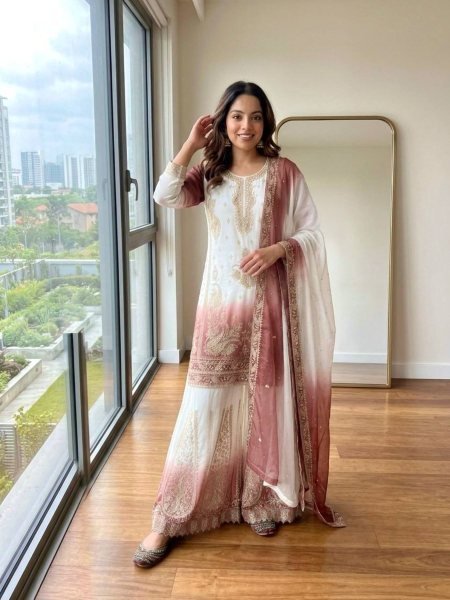 Extraordinary Peach Dual Tone Georgette Top Palazzo Dupatta Set with Jarkhan  
