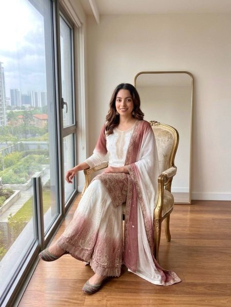 Extraordinary Peach Dual Tone Georgette Top Palazzo Dupatta Set with Jarkhan  Ready To Wear Collection
