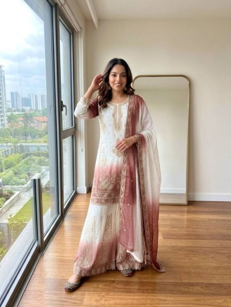 Extraordinary Peach Dual Tone Georgette Top Palazzo Dupatta Set with Jarkhan  Ready To Wear Collection