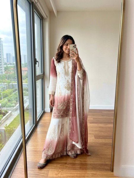 Extraordinary Peach Dual Tone Georgette Top Palazzo Dupatta Set with Jarkhan  Ready To Wear Collection
