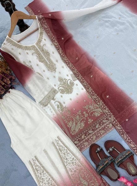 Extraordinary Peach Dual Tone Georgette Top Palazzo Dupatta Set with Jarkhan  Ready To Wear Collection