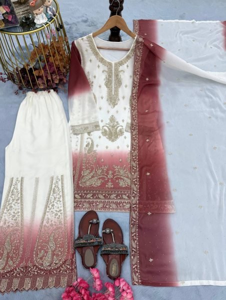 Extraordinary Peach Dual Tone Georgette Top Palazzo Dupatta Set with Jarkhan  Ready To Wear Collection