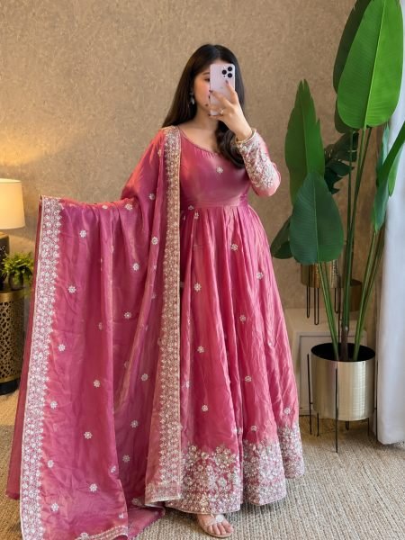 Extraordinary Pink Fendy Silk Gown Pant Dupatta Set with Sequin Embroidery 