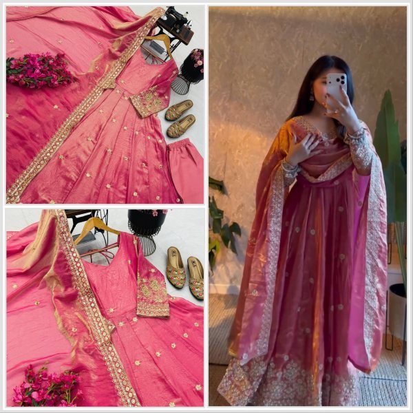 Extraordinary Pink Fendy Silk Gown Pant Dupatta Set with Sequin Embroidery Ready To Wear Collection
