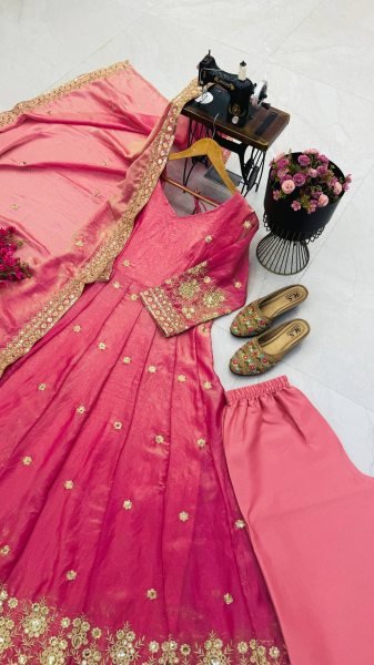 Extraordinary Pink Fendy Silk Gown Pant Dupatta Set with Sequin Embroidery Ready To Wear Collection