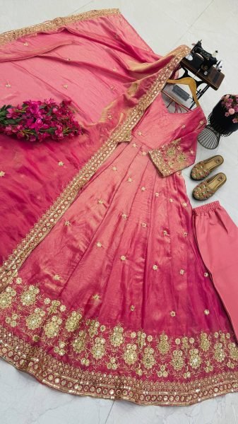 Extraordinary Pink Fendy Silk Gown Pant Dupatta Set with Sequin Embroidery Ready To Wear Collection