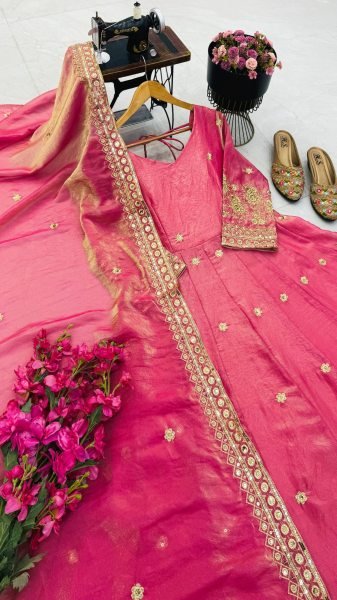 Extraordinary Pink Fendy Silk Gown Pant Dupatta Set with Sequin Embroidery Ready To Wear Collection