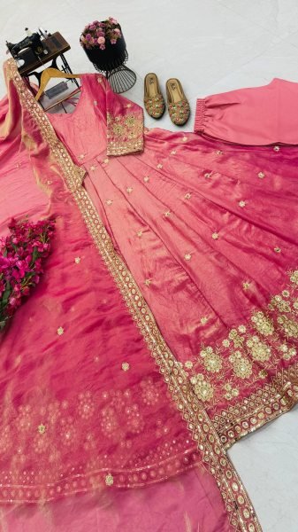Extraordinary Pink Fendy Silk Gown Pant Dupatta Set with Sequin Embroidery Ready To Wear Collection