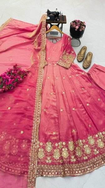 Extraordinary Pink Fendy Silk Gown Pant Dupatta Set with Sequin Embroidery Ready To Wear Collection