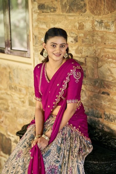 Extraordinary Pink Kalamkari Print Lehenga with Lace Border for Wedding Functions Half Saree Lehenga