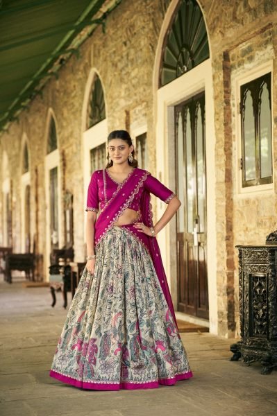 Extraordinary Pink Kalamkari Print Lehenga with Lace Border for Wedding Functions Half Saree Lehenga