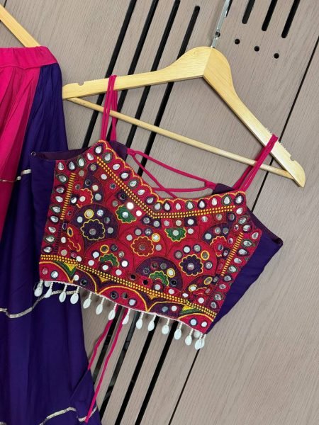 Extraordinary Pink Purple Rayon Lehenga Choli with Real Mirror Embroidered Blouse Navratri Lehnega Choli