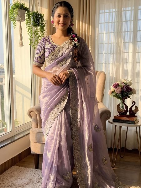 Extraordinary Purple Frendy Satin Saree with Designer Blouse For Party Sarees 