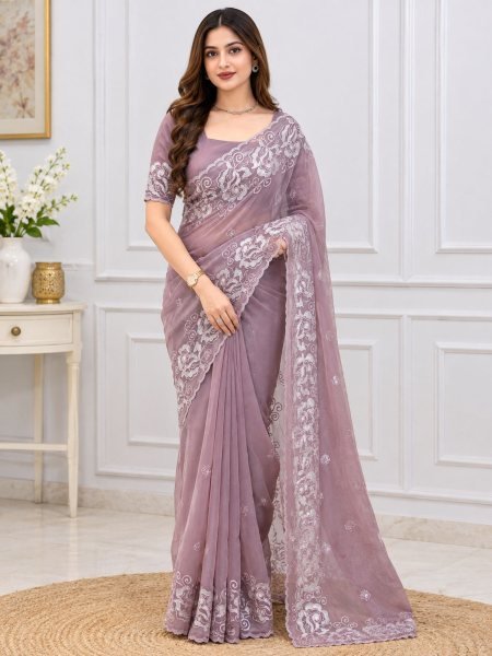 Extraordinary Lavender Melbourne Silk Saree with Self Thread and Zari Work for Wedding Sarees 