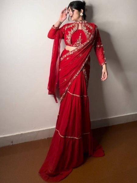 Extraordinary Red Faux Georgette Lehenga Saree with Heavy Mirror Work Blouse Sarees 