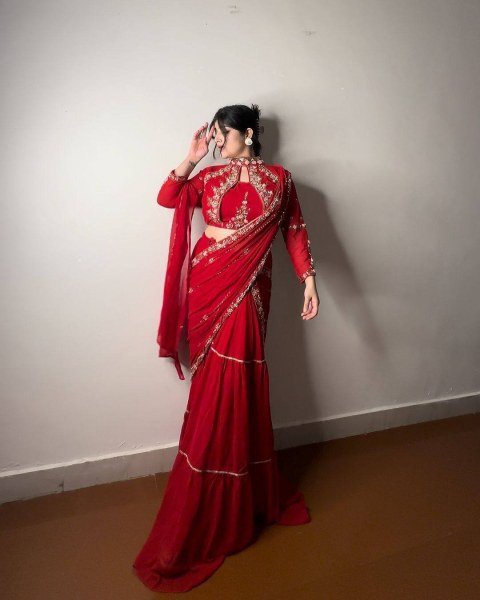 Extraordinary Red Faux Georgette Lehenga Saree with Heavy Mirror Work Blouse Ready To Wear Saree 