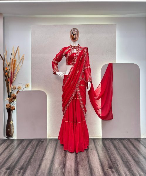 Extraordinary Red Faux Georgette Lehenga Saree with Heavy Mirror Work Blouse Ready To Wear Saree 