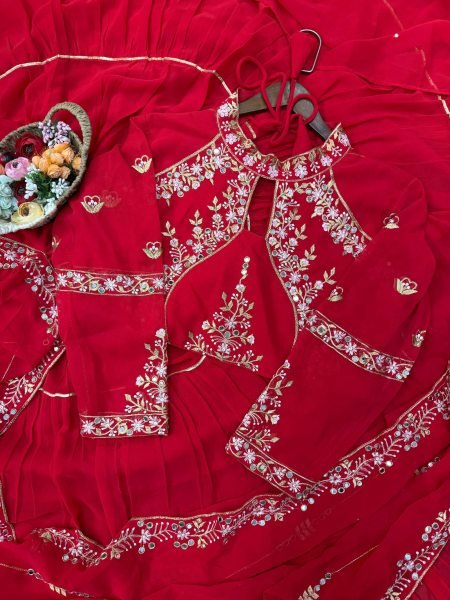 Extraordinary Red Faux Georgette Lehenga Saree with Heavy Mirror Work Blouse Ready To Wear Saree 