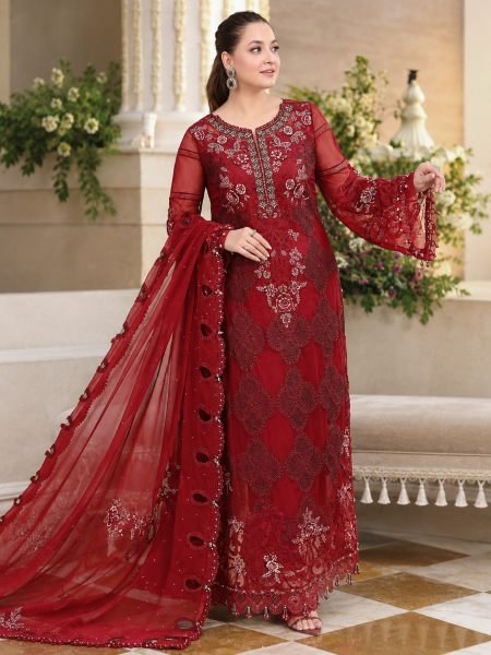 Extraordinary Red Heavy Chiffon Embroidered Suit with Applique Handwork and Cutwork 