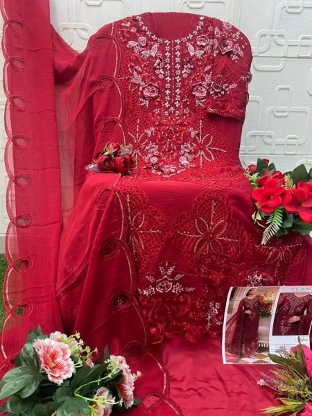 Extraordinary Red Heavy Chiffon Embroidered Suit with Applique Handwork and Cutwork Pakistani Suits Wholesale