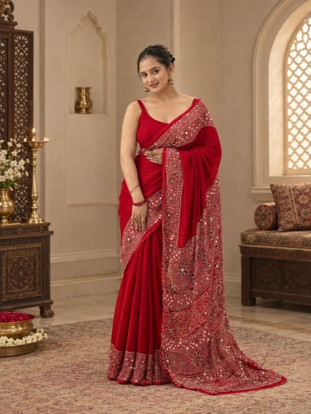 Extraordinary Red Japan Satin Silk Saree with Heavy Mirror Work and Latkan Pallu For Wedding Sarees 