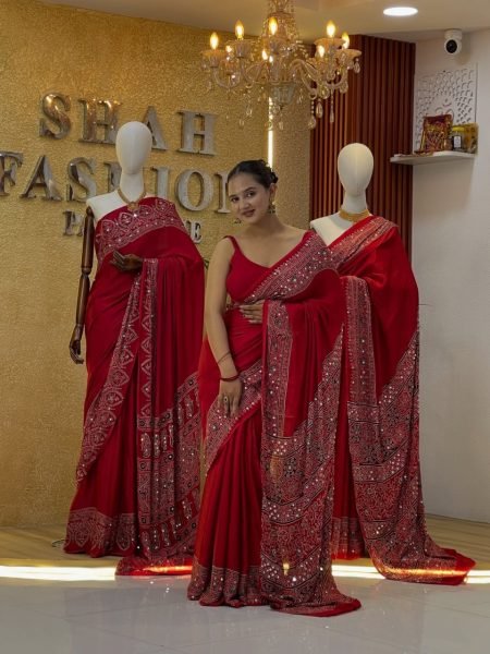 Extraordinary Red Japan Satin Silk Saree with Heavy Mirror Work and Latkan Pallu For Wedding Silk Sarees Wholesale