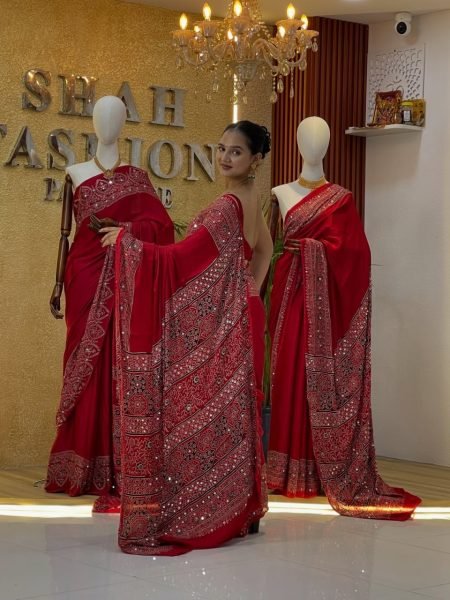 Extraordinary Red Japan Satin Silk Saree with Heavy Mirror Work and Latkan Pallu For Wedding Silk Sarees Wholesale