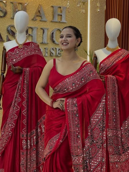 Extraordinary Red Japan Satin Silk Saree with Heavy Mirror Work and Latkan Pallu For Wedding Silk Sarees Wholesale