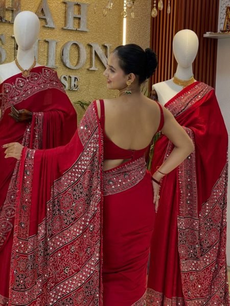Extraordinary Red Japan Satin Silk Saree with Heavy Mirror Work and Latkan Pallu For Wedding Silk Sarees Wholesale