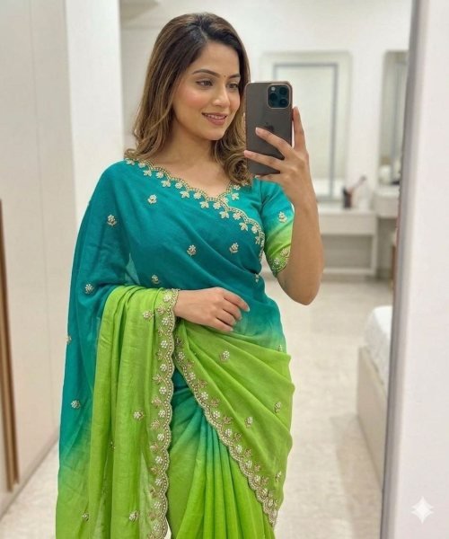 Extraordinary Sea Blue and Parrot Green Shaded Saree with Moti Details  Embroidery Sarees Wholesale