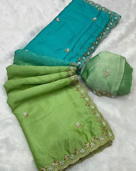 Extraordinary Sea Blue and Parrot Green Shaded Saree with Moti Details  Embroidery Sarees Wholesale