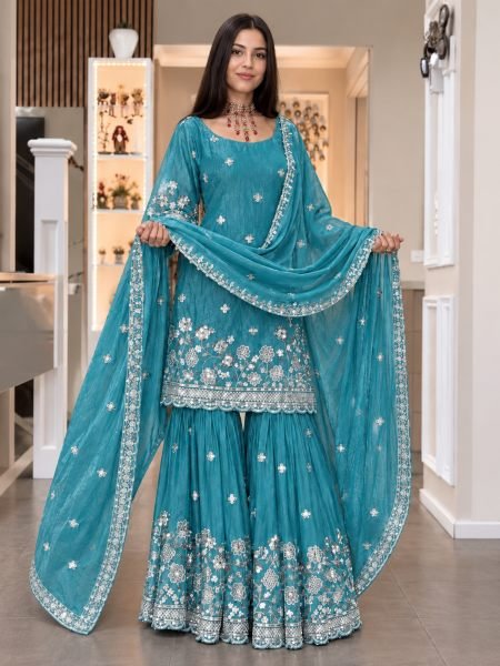 Extraordinary Sky Blue Fendy Silk Top Sharara Set with Heavy Embroidery Work at Wholesale Rate  
