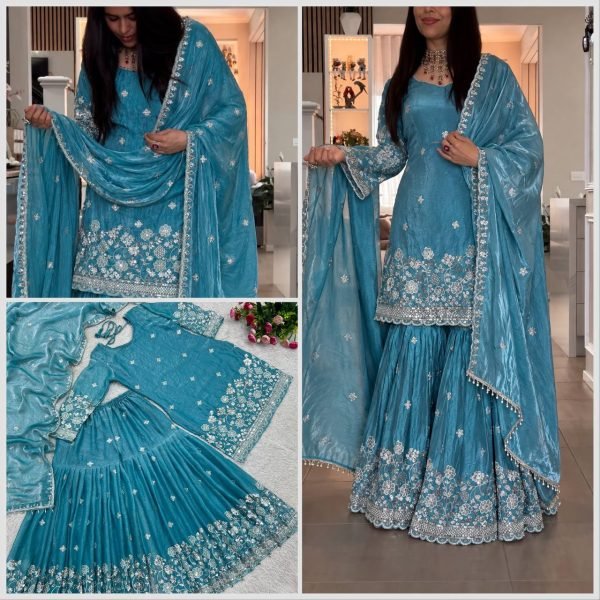 Extraordinary Sky Blue Fendy Silk Top Sharara Set with Heavy Embroidery Work at Wholesale Rate  Ready To Wear Collection