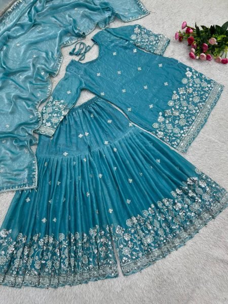Extraordinary Sky Blue Fendy Silk Top Sharara Set with Heavy Embroidery Work at Wholesale Rate  Ready To Wear Collection