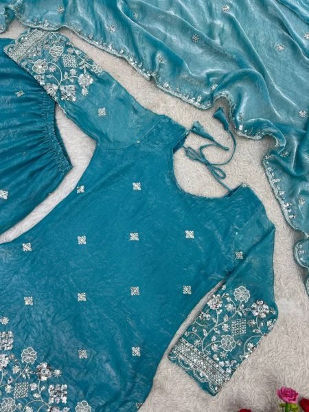 Extraordinary Sky Blue Fendy Silk Top Sharara Set with Heavy Embroidery Work at Wholesale Rate  Ready To Wear Collection