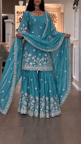 Extraordinary Sky Blue Fendy Silk Top Sharara Set with Heavy Embroidery Work at Wholesale Rate  Ready To Wear Collection