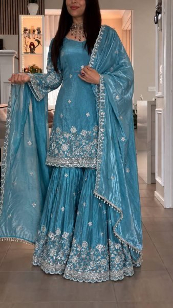 Extraordinary Sky Blue Fendy Silk Top Sharara Set with Heavy Embroidery Work at Wholesale Rate  Ready To Wear Collection