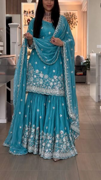 Extraordinary Sky Blue Fendy Silk Top Sharara Set with Heavy Embroidery Work at Wholesale Rate  Ready To Wear Collection