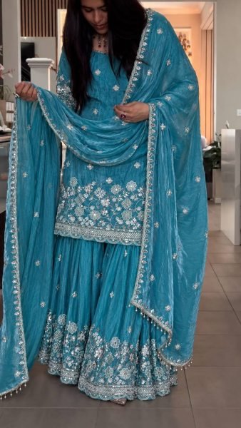 Extraordinary Sky Blue Fendy Silk Top Sharara Set with Heavy Embroidery Work at Wholesale Rate  Ready To Wear Collection
