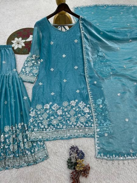 Extraordinary Sky Blue Fendy Silk Top Sharara Set with Heavy Embroidery Work at Wholesale Rate  Ready To Wear Collection