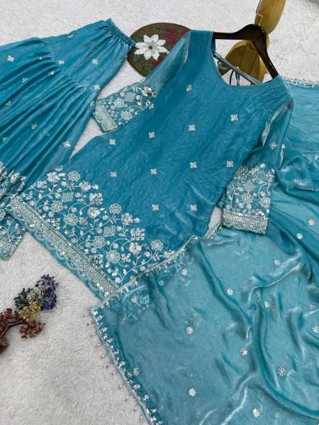 Extraordinary Sky Blue Fendy Silk Top Sharara Set with Heavy Embroidery Work at Wholesale Rate  Ready To Wear Collection