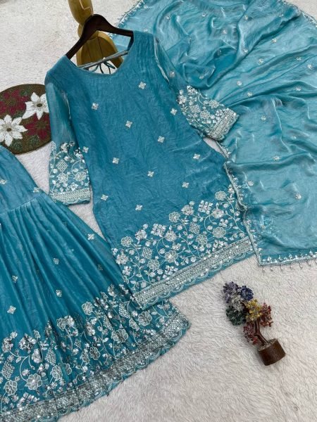 Extraordinary Sky Blue Fendy Silk Top Sharara Set with Heavy Embroidery Work at Wholesale Rate  Ready To Wear Collection