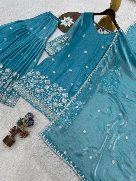 Extraordinary Sky Blue Fendy Silk Top Sharara Set with Heavy Embroidery Work at Wholesale Rate  Ready To Wear Collection