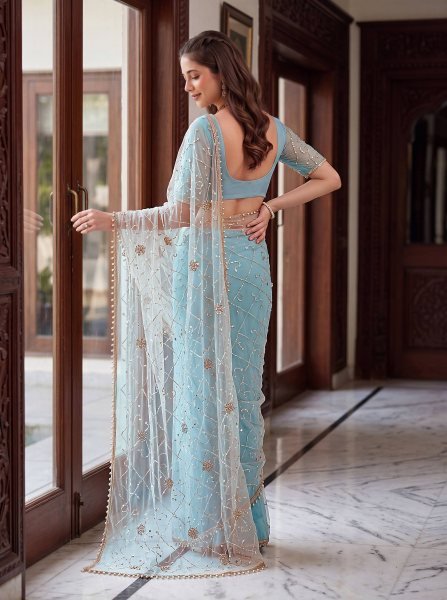 Extraordinary Sky Blue Net Party Wear Saree with Designer Unstitched Blouse Piece Embroidery Sarees Wholesale