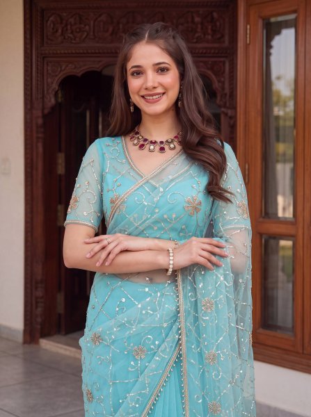 Extraordinary Sky Blue Net Party Wear Saree with Designer Unstitched Blouse Piece Embroidery Sarees Wholesale