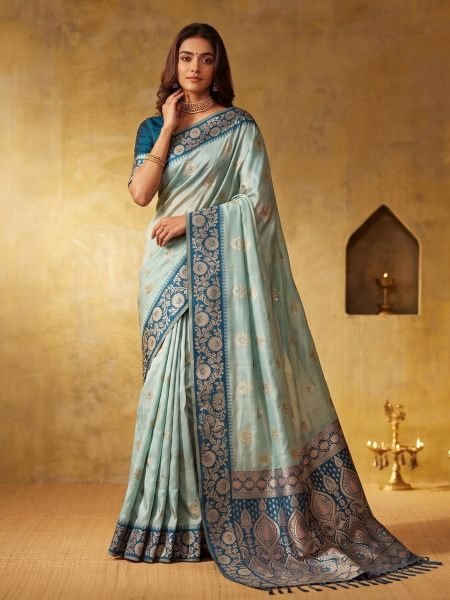 Extraordinary Sky Blue Silk Blend Saree with Contrast Border and Matching Blouse  