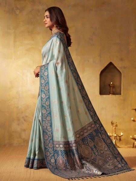 Extraordinary Sky Blue Silk Blend Saree with Contrast Border and Matching Blouse  Silk Sarees Wholesale